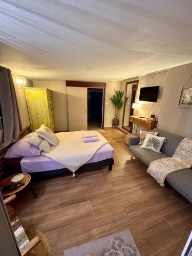 a bedroom with a large bed and a couch at L'Écrin de Marie-Paule - Proche Aéroport in Saint-Denis