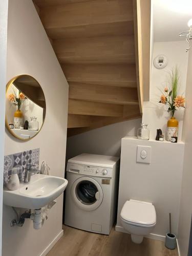 une salle de bain avec une machine à laver et un lavabo dans l'établissement Appartement duplex proche Strasbourg, à Lampertheim