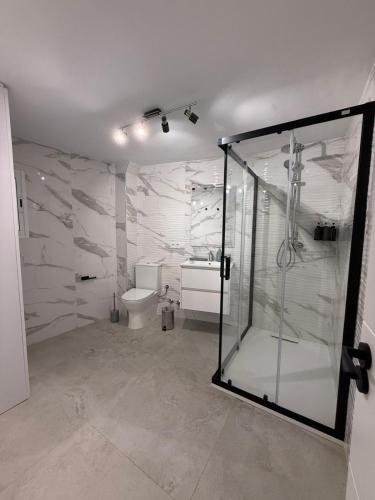 a bathroom with a shower and a toilet and a sink at Alojamiento Jacuzzi Las Ruinas in Cazorla