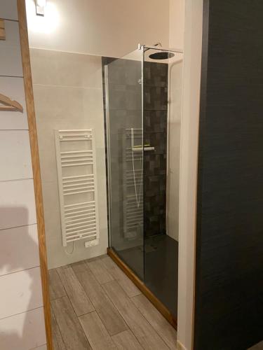 une douche avec une porte vitrée dans une salle de bain dans l'établissement La cabane des Esteys, à Arès