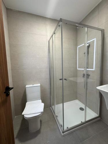 a bathroom with a shower with a toilet and a sink at Spacious Stay new 2 Bed and Balcony in Taʼ Penza