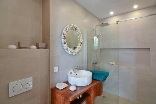a bathroom with a sink and a shower at Destiny Le Rêve Bleu et la Mer in Bequia