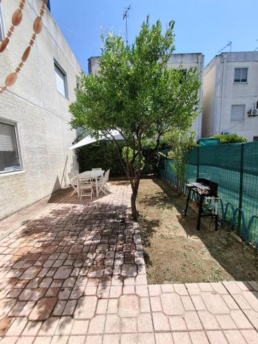 a tree and a bench next to a building at La casa del delfino in Policoro