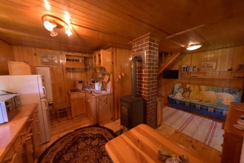 a kitchen with a refrigerator and a stove in a room at Drzemalik wypoczywaj z KLASĄ in Skarlin