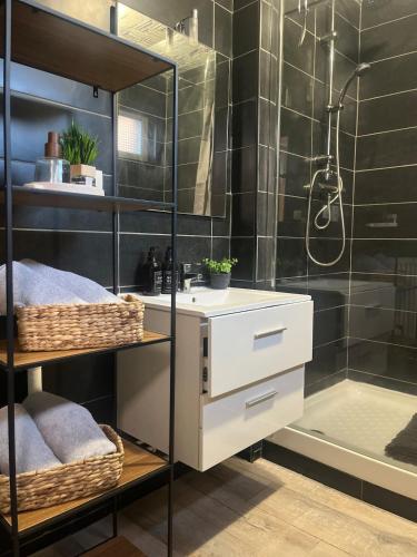 une salle de bain avec un lavabo blanc et une douche dans l'établissement L'Échappée Belle Amandinoise, à Saint-Amand-les-Eaux