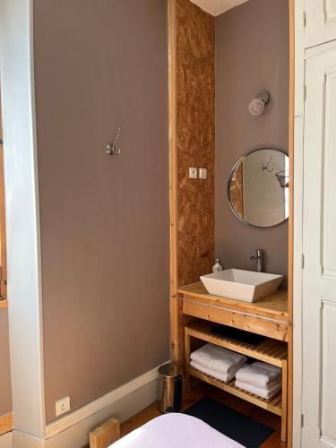 une salle de bain avec un lavabo et un miroir dans l'établissement Appartement centre ville de Bourg d'Oisans, au Bourg-dʼOisans