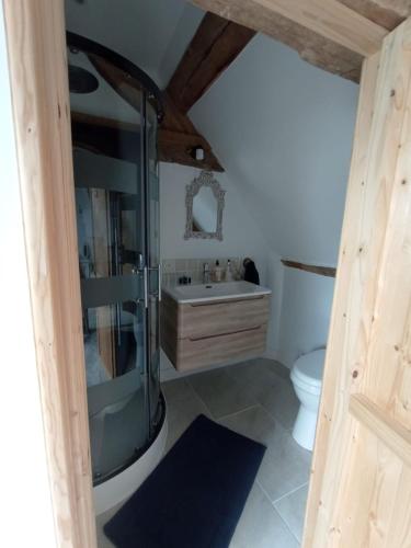 a bathroom with a glass shower and a toilet at Le Presbytere in Beauficel