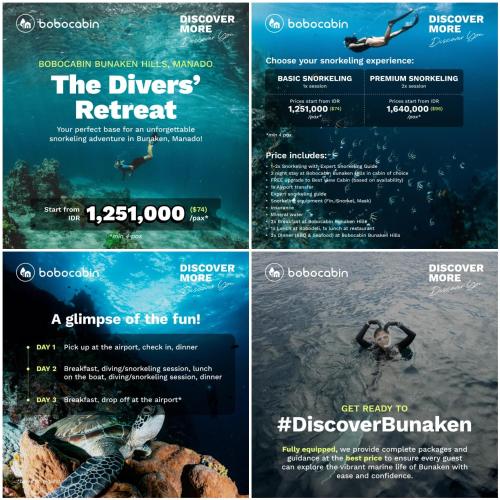 a flyer for a diving resort in the water at Bobocabin Bunaken Hills, Manado in Manado