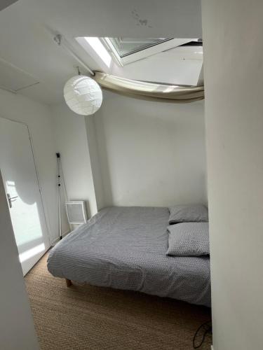 a bedroom with a bed in a white room at Grand studio rdc au calme, centre ville prox Cathédrale in Orléans