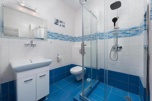 a bathroom with a shower and a toilet and a sink at pensjonat Alka in Jastarnia