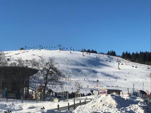 a snow covered ski slope with a bunch of people on it at Bio-Nestlein Apartments in Löffingen