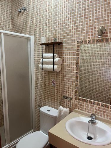a bathroom with a toilet and a sink at Hostal la Tarayuela in Barbate
