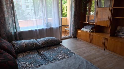 Una sala de estar con un sofá y una ventana grande. en Mazais Ligzdiņš, en Ventspils