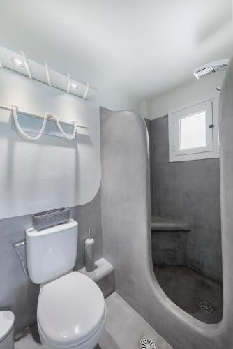 a bathroom with a toilet and a sink and a mirror at Aegean Paradiso Vacation Club - "Adults Only" in Azolimnos