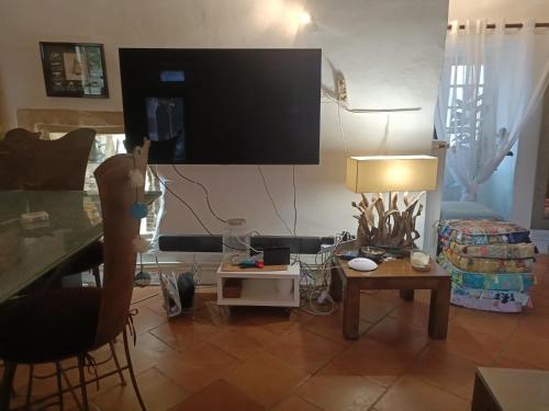 un salon avec une télévision à écran plat au mur dans l'établissement Les Mimosas, à Lecques