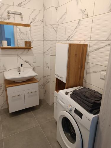 a washing machine in a bathroom with a sink at Apartamenty JAGIEŁŁY PARK in Olsztynek