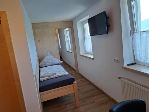 a small room with a small bed and a tv at Villa-Musica in Fieberbrunn
