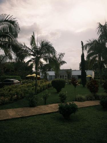 a garden with palm trees and a house at Villa Thiago Finca in Armenia