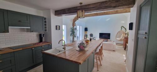 une cuisine avec des placards verts et un comptoir dans l'établissement Maison atypique centre Auxerre, à Auxerre