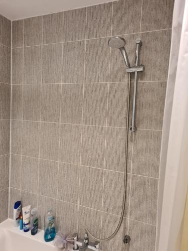 une douche dans une salle de bain avec un lavabo dans l'établissement High Standard Single Room near Gatwick Airport, à Horley