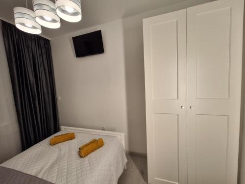a bedroom with two yellow objects on a bed at Krynicki Lotos Apartament przy deptaku in Krynica Zdrój