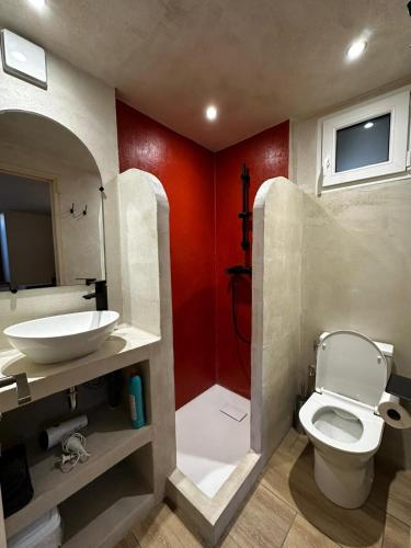 une salle de bain avec des toilettes blanches et un lavabo dans l'établissement Studio 2 Aux volets bleus, à Aulus-les-Bains