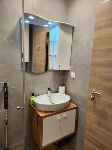 une salle de bain avec un lavabo et un miroir dans l'établissement Lili Azur beach appaartment, à Varna