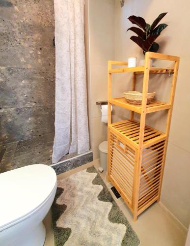 a bathroom with a toilet and a shelf with a plant at Julia's Home in Patitiri
