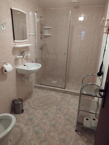 a bathroom with a shower and a sink at Rekreačný dom E&Z in Brezno