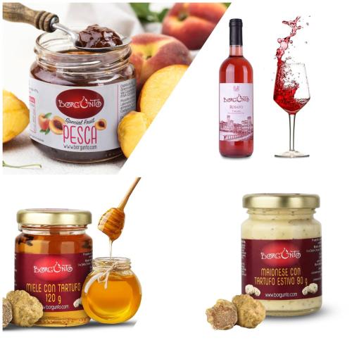 a collage of three different jars of jam and a bottle of wine at VioVillas Agriturismo Glamping Arezzo in Arezzo
