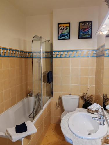 une salle de bain avec un lavabo, une douche et des toilettes dans l'établissement Le Jean Jaurès, à Troyes