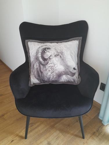 a pillow with a sheep head on a chair at Domek u Socków in Zakopane
