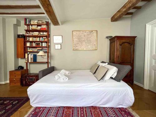 une chambre avec un grand lit blanc dans une pièce dans l'établissement L'Antiquaire - Cosy & Central of Luxembourg Park, à Paris