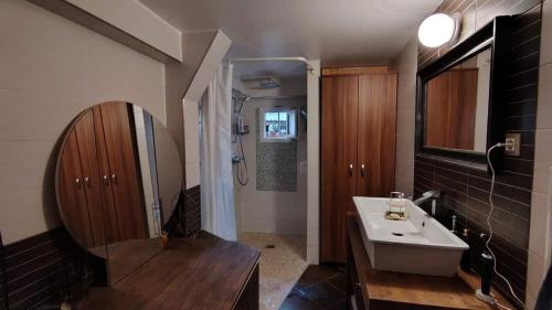 une salle de bain avec un lavabo blanc et une douche dans l'établissement De plain pied, à Sète