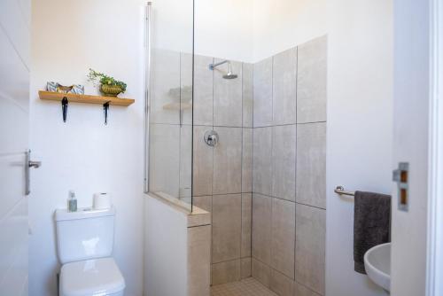 a bathroom with a shower and a toilet and a sink at The Old School in McGregor
