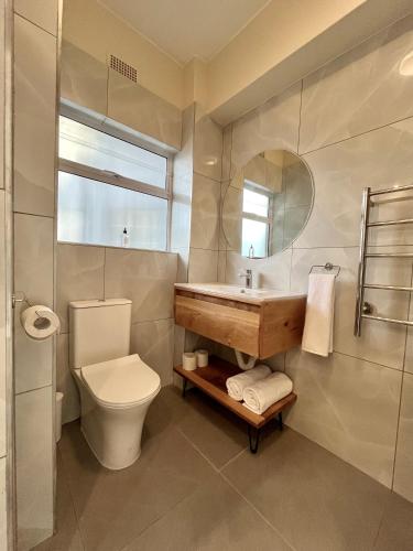a bathroom with a toilet and a sink and a mirror at Modern Seaside Apartment in Fish hoek