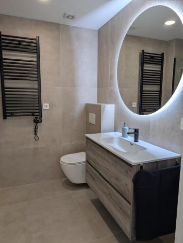a bathroom with a sink and a toilet and a mirror at Ca l'Emília, hasta 6 pers, Monistrol de Montserrat in Monistrol