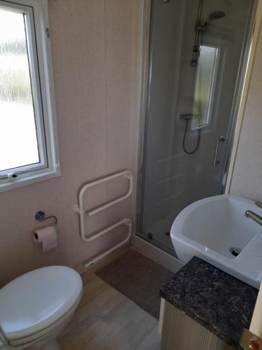 une salle de bain avec toilettes, lavabo et douche dans l'établissement le mobile home Le Victory situé au Camping Le Rio, à Noyelles-sur-Mer