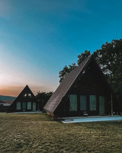 a house with a pitched roof in a field at Căbănuțele de lângă râu in Păucineşti