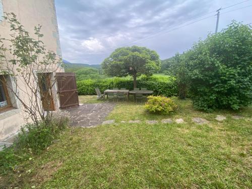a backyard with a picnic table and a tree at Charmante maison de village avec jardin, proche abbaye d'Hautecombe in Saint-Pierre-de-Curtille