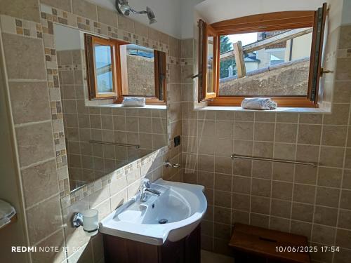 een badkamer met een wastafel en een spiegel bij Casa Montagna in Canale San Bovo