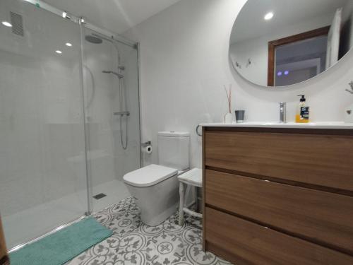 een badkamer met douche, toilet en wastafel bij CHECK-IN CASAS La casa de Teresa in Benasque