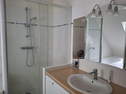 une salle de bain avec une douche avec un lavabo et un miroir dans l'établissement Maison à 5 minutes de la plage à pied, à Binic