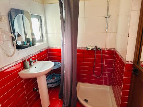 a bathroom with red tiles and a sink and a shower at Domus Komanesse - Guest Houses in Koman