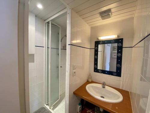 une salle de bain avec un lavabo et une douche en verre dans l'établissement Appartement avec jardin et piscine collective 5SANT8, à Saint Pierre La Mer