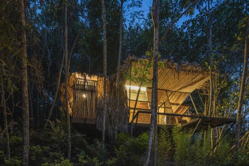 a tree house in the forest at night at Ecolodge Palonegro in Lebrija