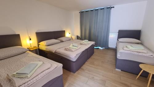 a room with three beds with towels on them at Brne Family House in Postojna