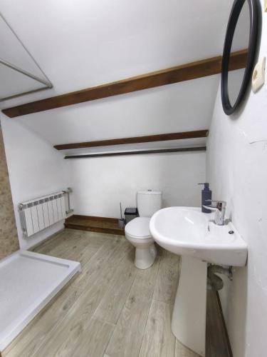a bathroom with a toilet and a sink at Căsuța din Deal 