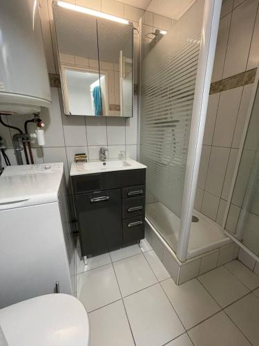 une petite salle de bain avec un lavabo et une douche dans l'établissement Pavillon idéal famille avec piscine 800m des plages 4LHA60, à Saint Pierre La Mer