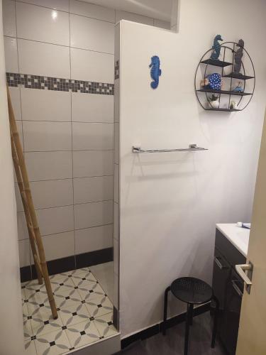 une douche avec une porte vitrée dans une salle de bain dans l'établissement Joli appartement près plage deux chambres quatre personnes, à La Celle-sous-Gouzon
